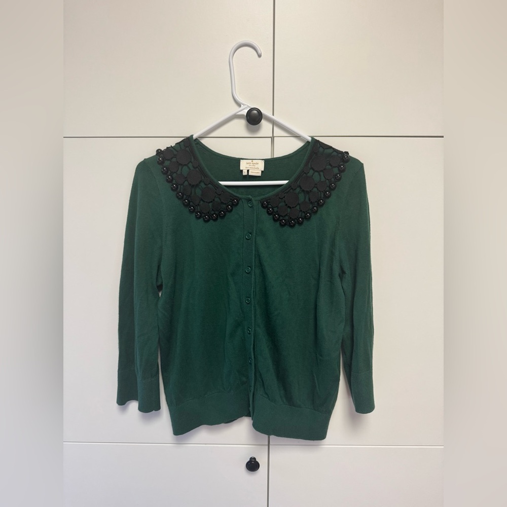 Kate Spade Forest Green Cardigan with Black Beaded Collar. Size L.